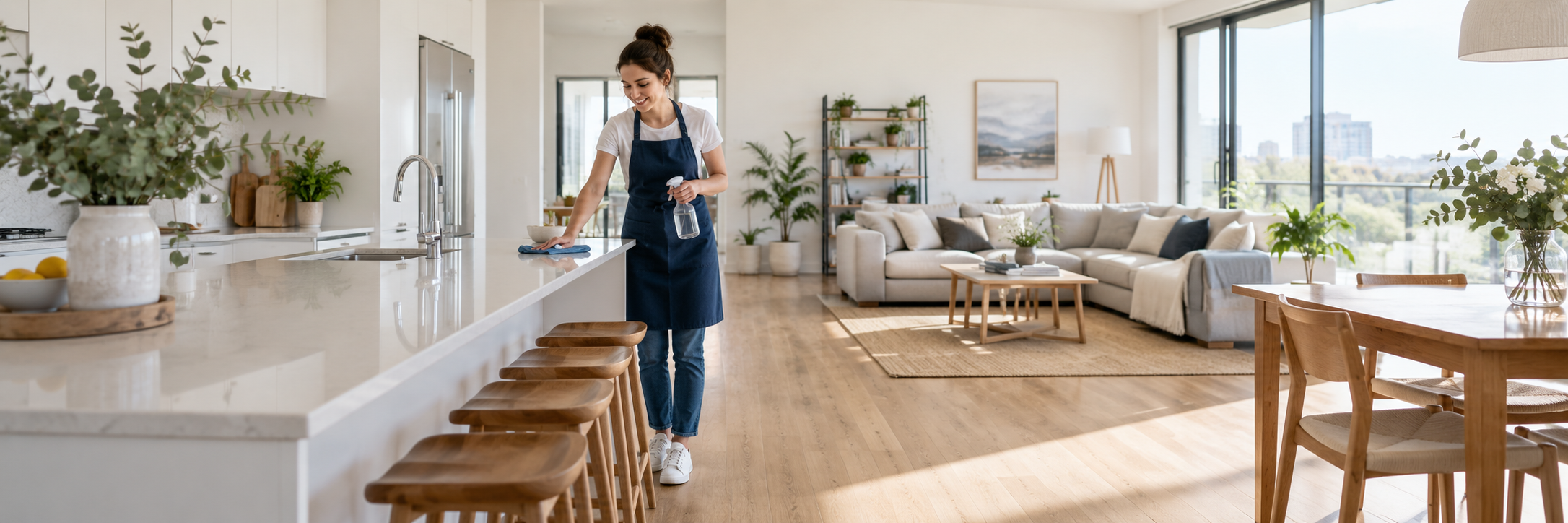Reinigungskraft in einer hellen Wohnung