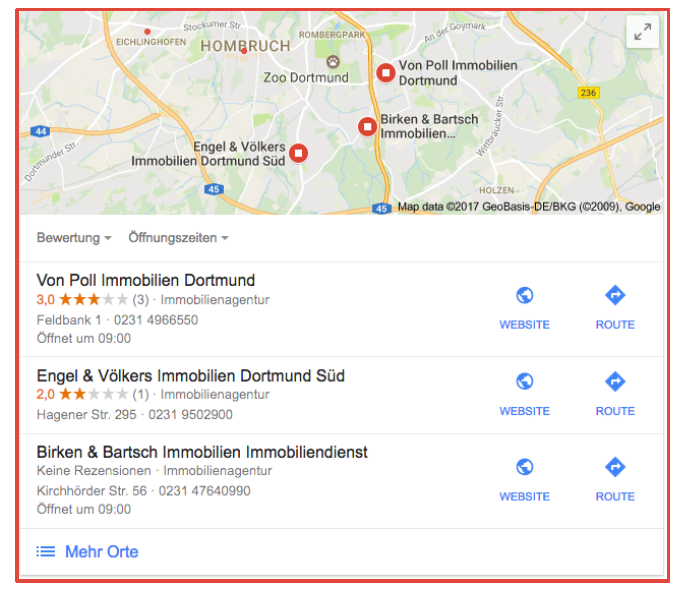 Beispiel: So zeigen sich Google My Business-Einträge in den Suchergebnissen